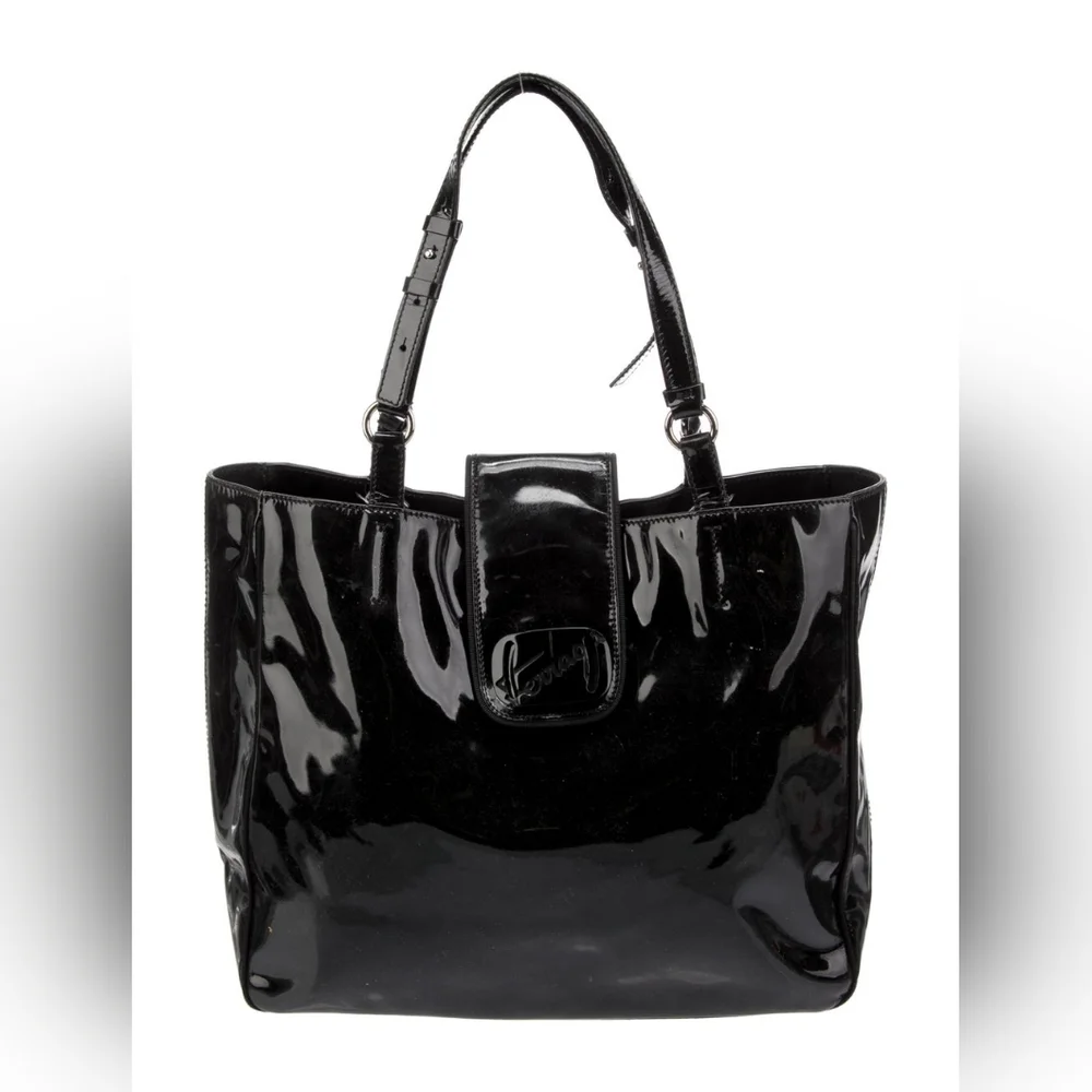 Salvatore Ferragamo Patent Leather Black Tote Medium Authentic - Picture 1 of 10